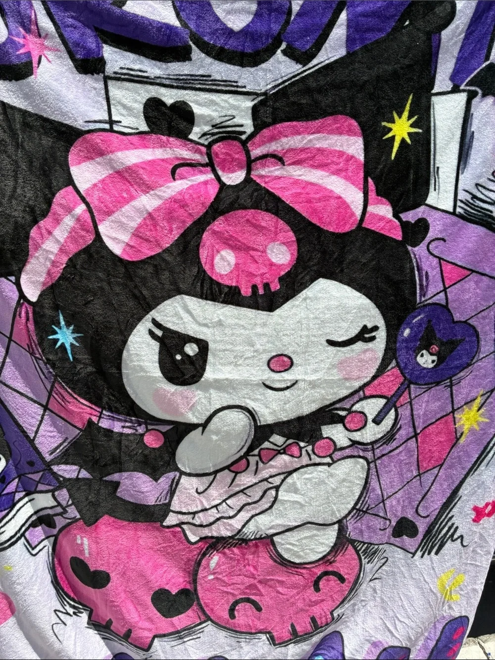 Sanrio Kuromi Graphic Plush Blanket Throw Purple Hello Kitty Anime 54” x 49”